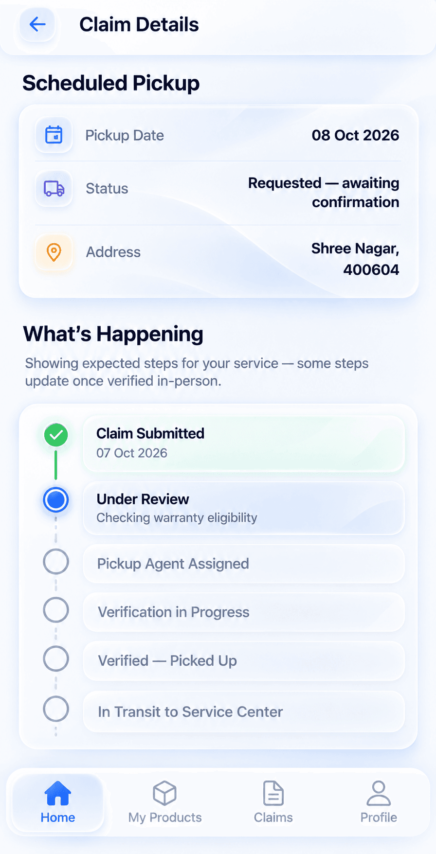 Device Vault claim details with scheduled pickup and status timeline